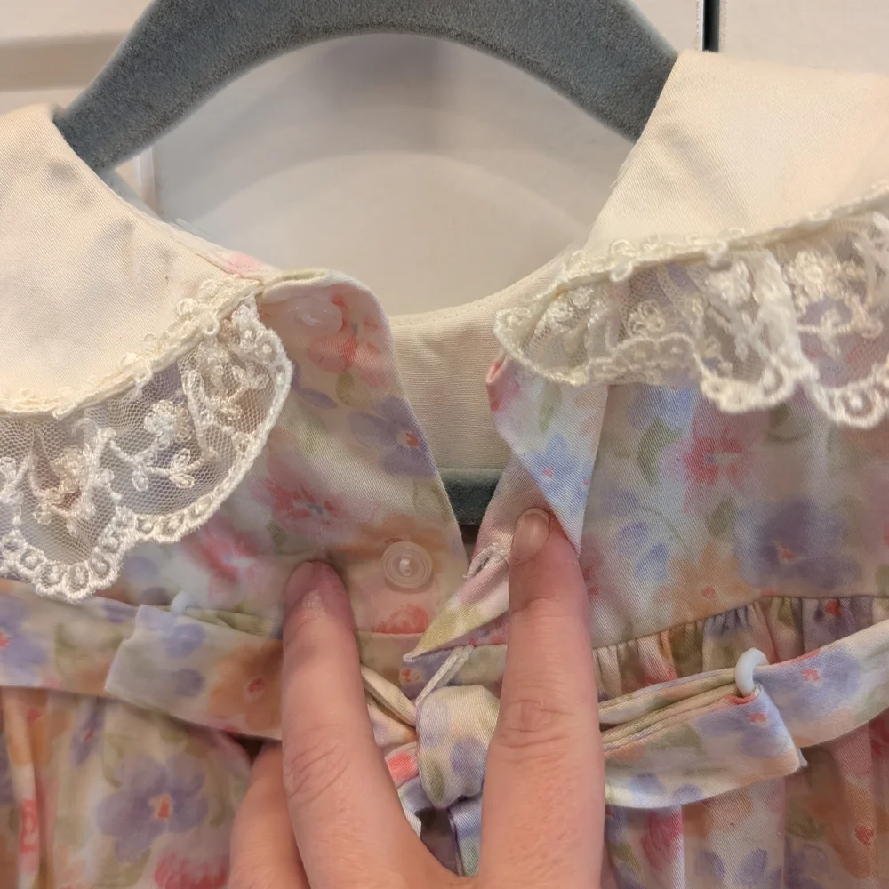 VINTAGE 80s Baby Girl Floral Romper With Embroidered Lace Bib Collar 24 Months